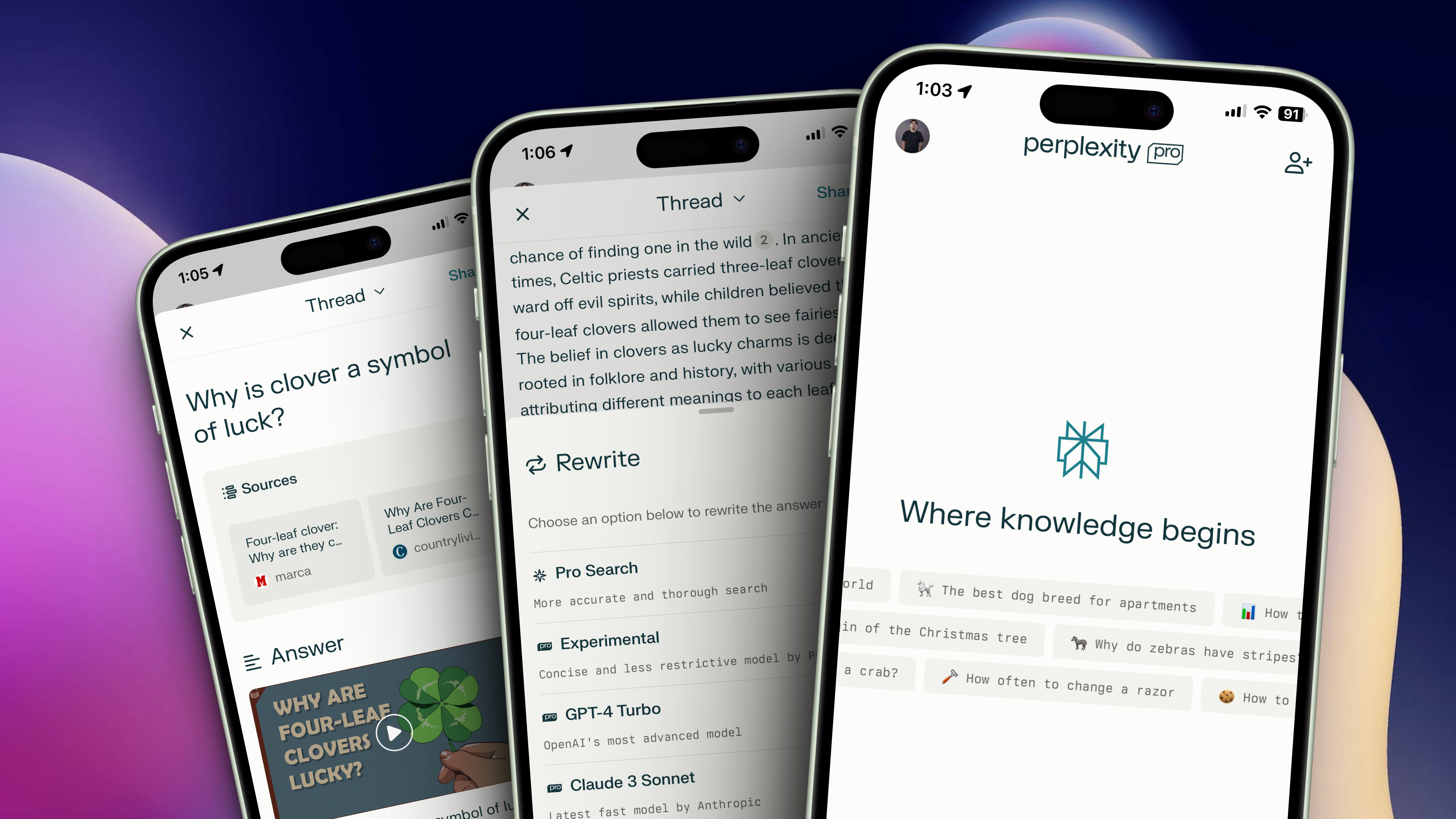 Perplexity AI mobile app interface displaying a question about the meaning of four-leaf clovers