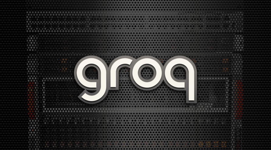 The Groq company logo featuring the stylized text 'groq' in white with a metallic sheen against a dark, textured background resembling a circuit board or server components.