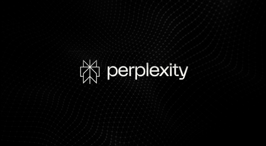 Perplexity AI logo - white text on dark background with abstract grid pattern