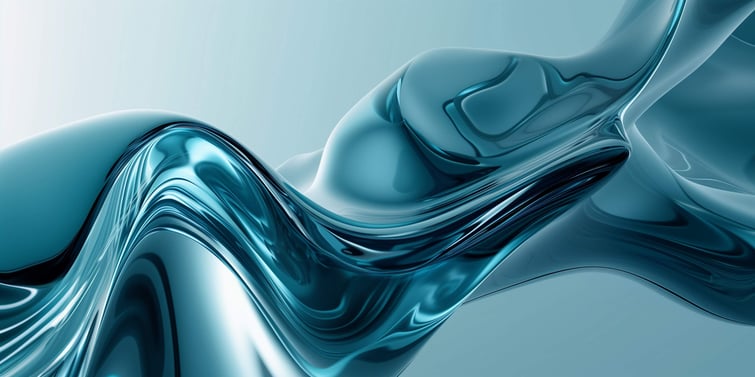 minimalist abstract image with glossy, fluid-like forms. Use a palette of aqua blue and navy blue, with smooth waves and curves.