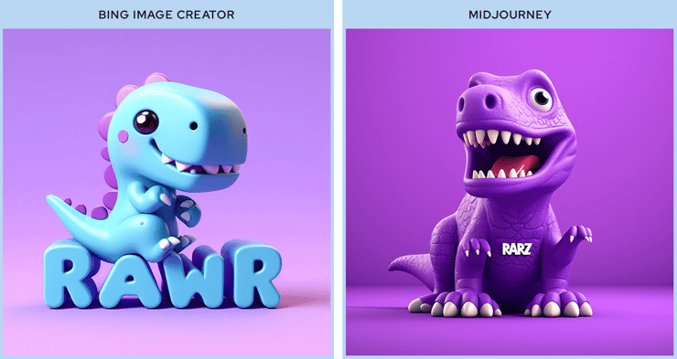 an adorable 3D dinosaur with the word "rawr" in purple background