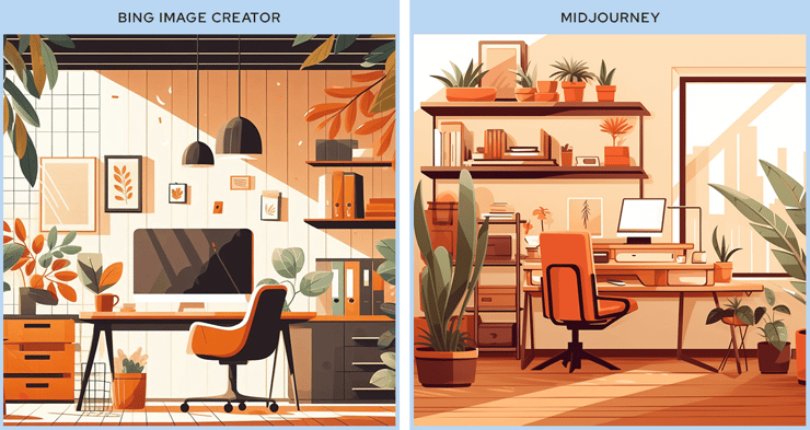 Digital flat colourful illustration of an orange and brown office