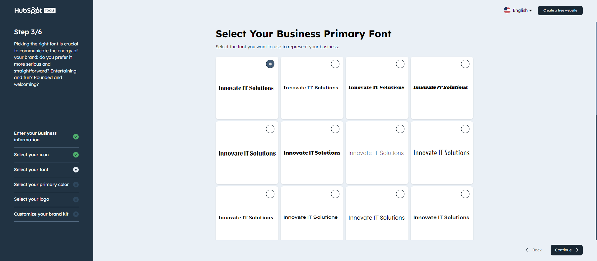 Screenshot of brand kit generator where you can pick your brand fontn