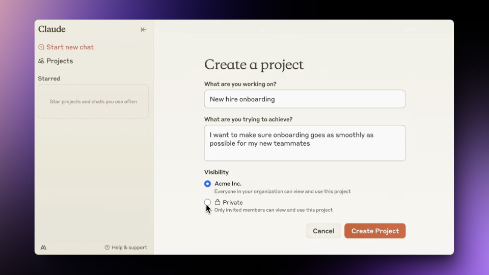 Screenshot of Projects feature on Claude 3.5 Sonnet