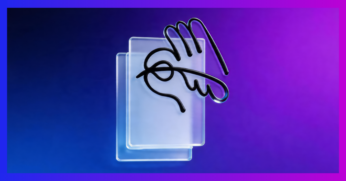 Stacked frosted glass cards with a black abstract hand illustration against a blue-to-purple gradient background.