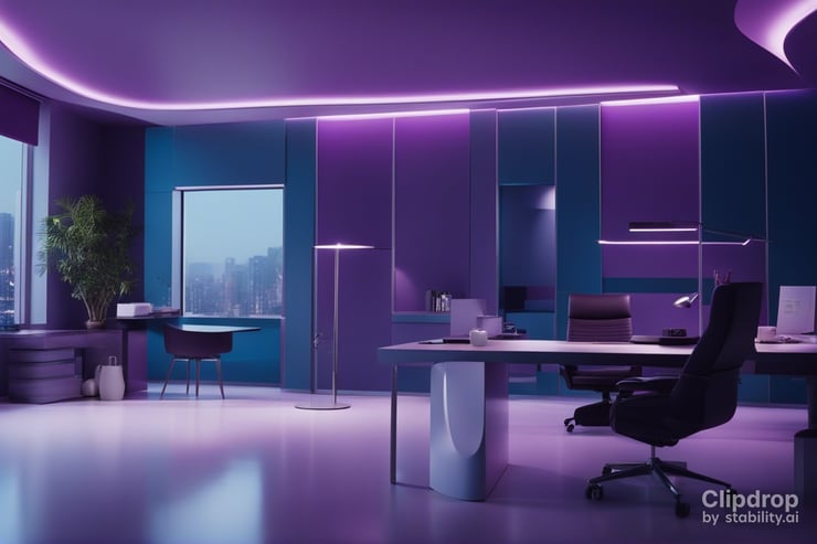 Original image: Interior of a clean minimal modern office with purple, and blue colours, dim light, cinematic, realistic