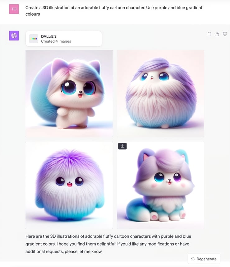 Create a 3D illustration of an adorable fluffy cartoon character. Use purple and blue gradient colours