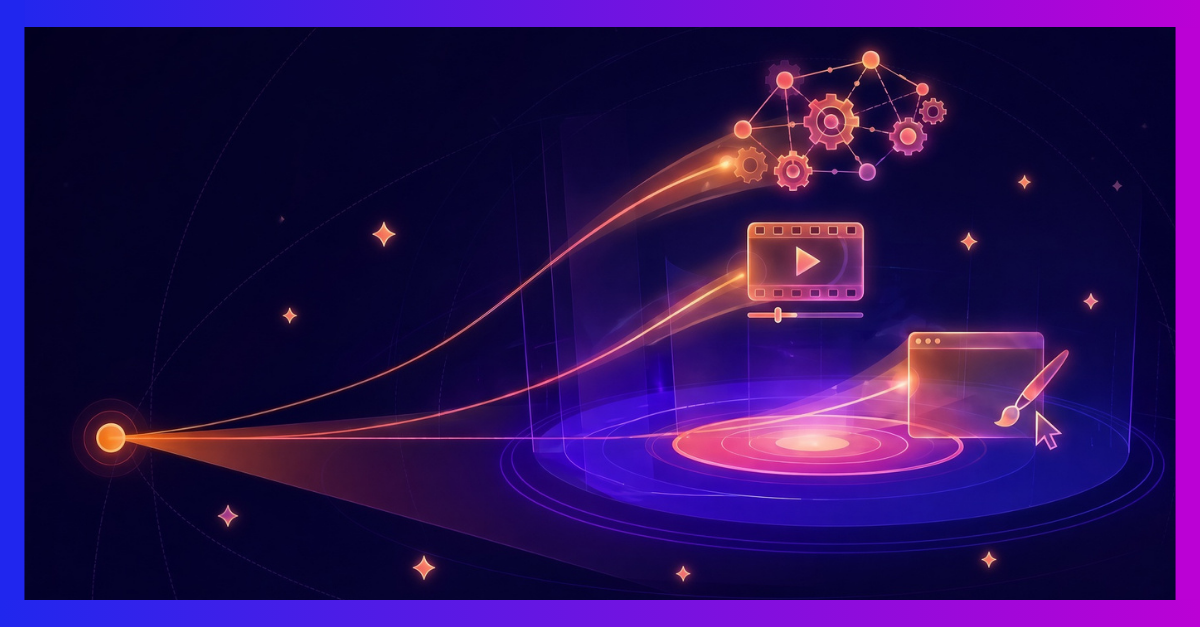 Abstract illustration of AI-powered design, with glowing paths connecting automation gears, video, and digital creative tools.
