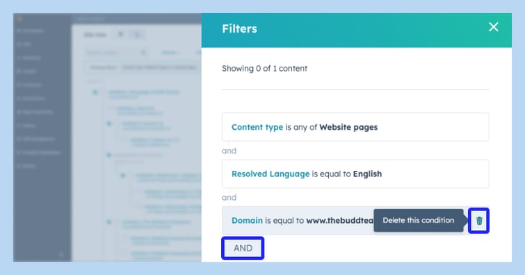 Add and delete filters in the HubSpot CMS Site tree view
