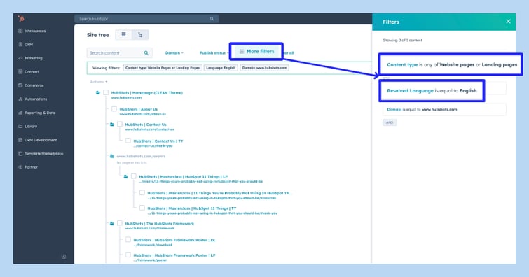 HubSpot CMS Site Tree tool view