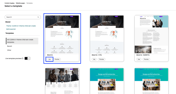 Select a template for your new page, then click "Use".