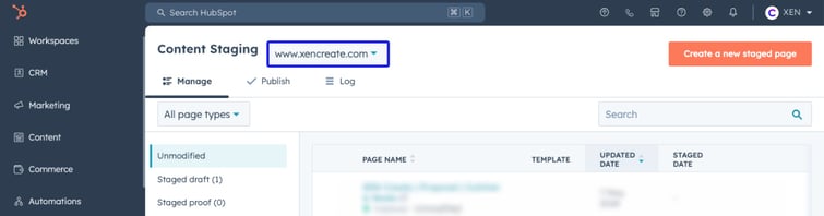 Inside Content Staging, you will find the option to choose which domain you want to edit.