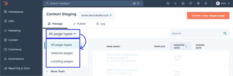 You have the option to filter the type of pages you want to view: website pages, landing pages, or all types of pages.