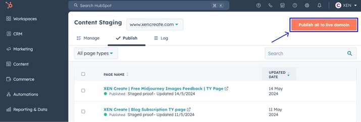 Click "Publish all to live domain" if you want to publish all pages that are in staged proof.