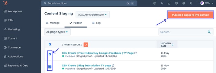 If you want to publish specific pages, tick the checkbox and click "Publish # pages to live domain."
