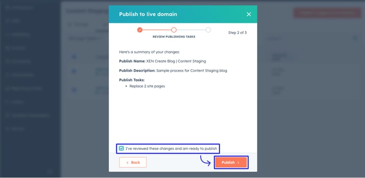 Review the details of your publishing job, then select the checkbox to confirm and click "Publish."