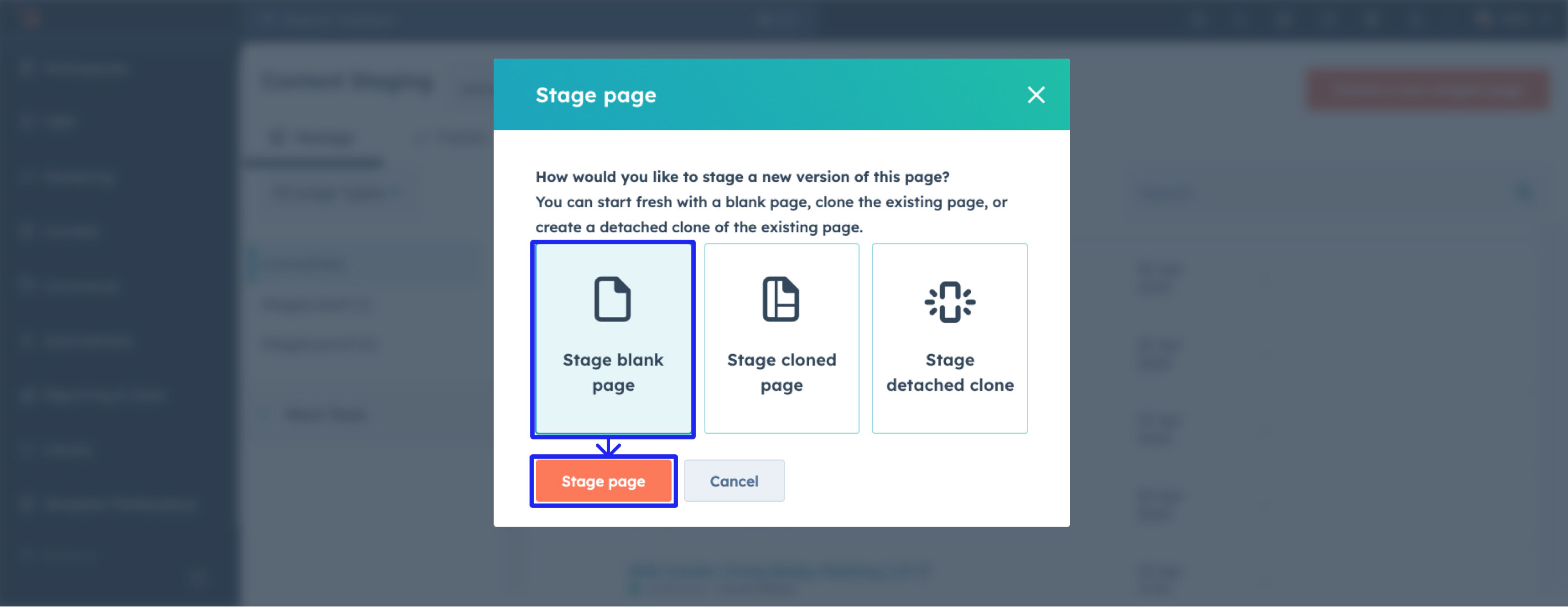 In the Stage Page dialog box, opt for "Stage Blank Page" and click stage page.