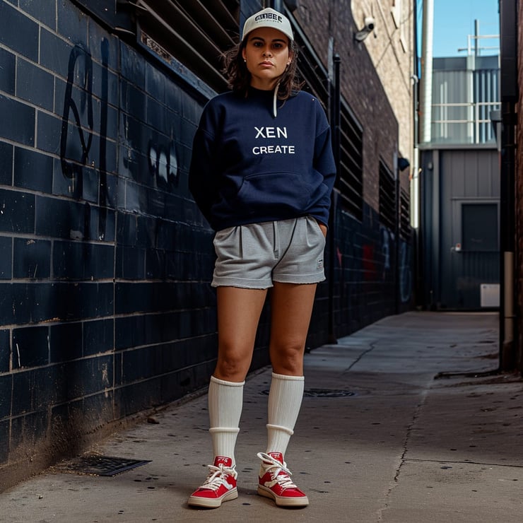 Create an image taken by phone of a woman dressed in casual outdoor attire