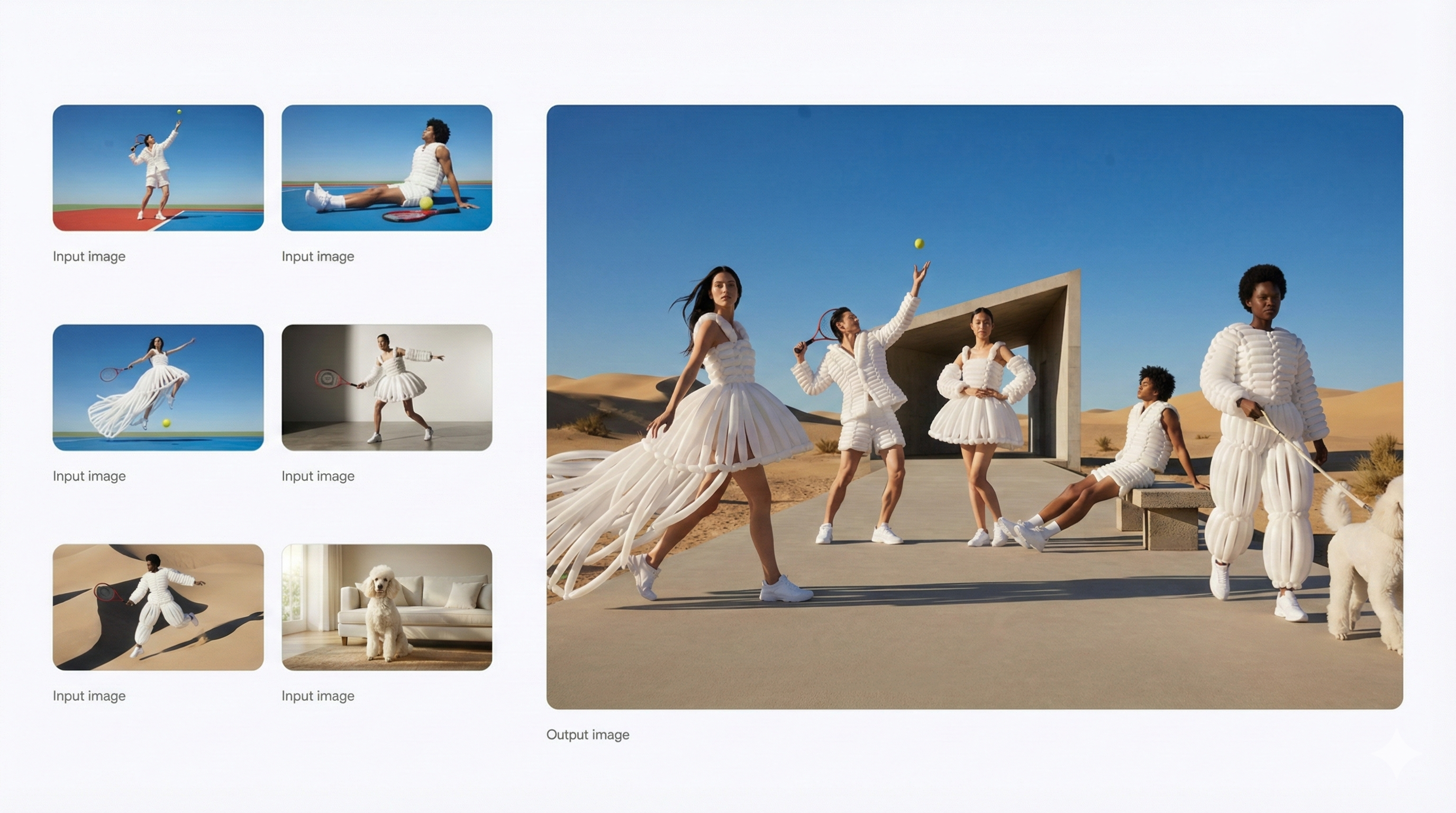 Demonstration showing individual fashion model photos combined into a single group shot in a desert.