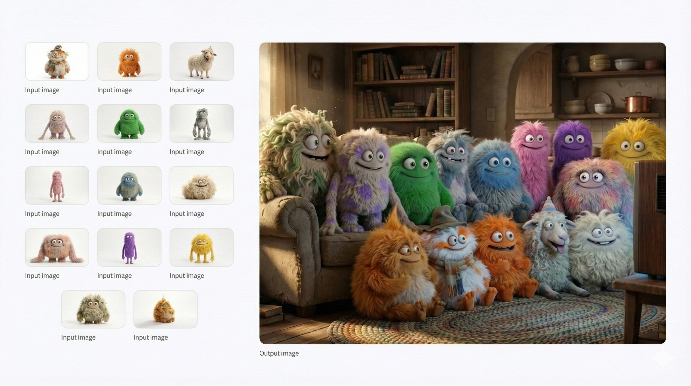 An input-to-output example showing separate monster characters combined into a single living room scene.