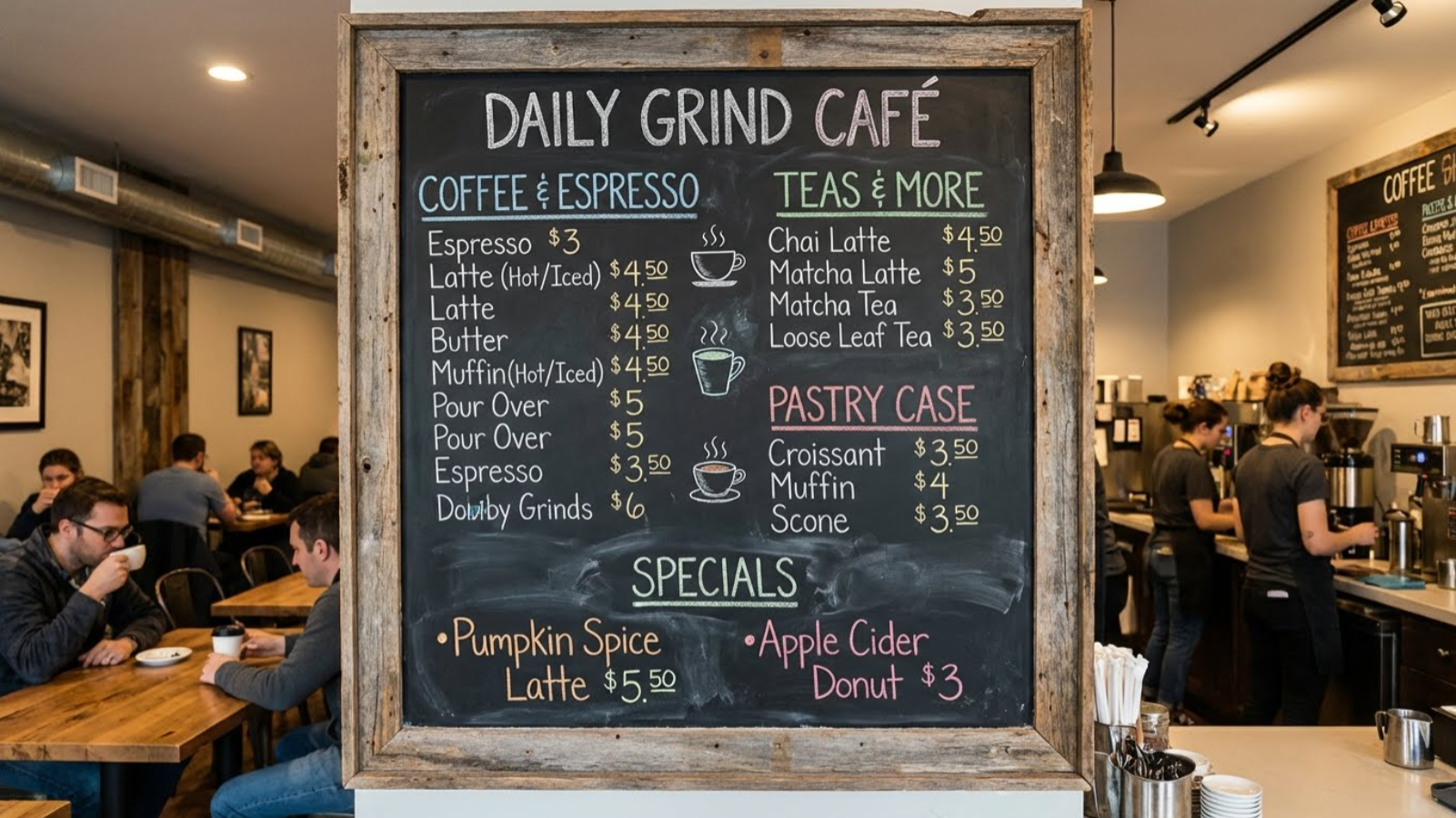 A "Daily Grind Café" chalkboard menu inside a coffee shop