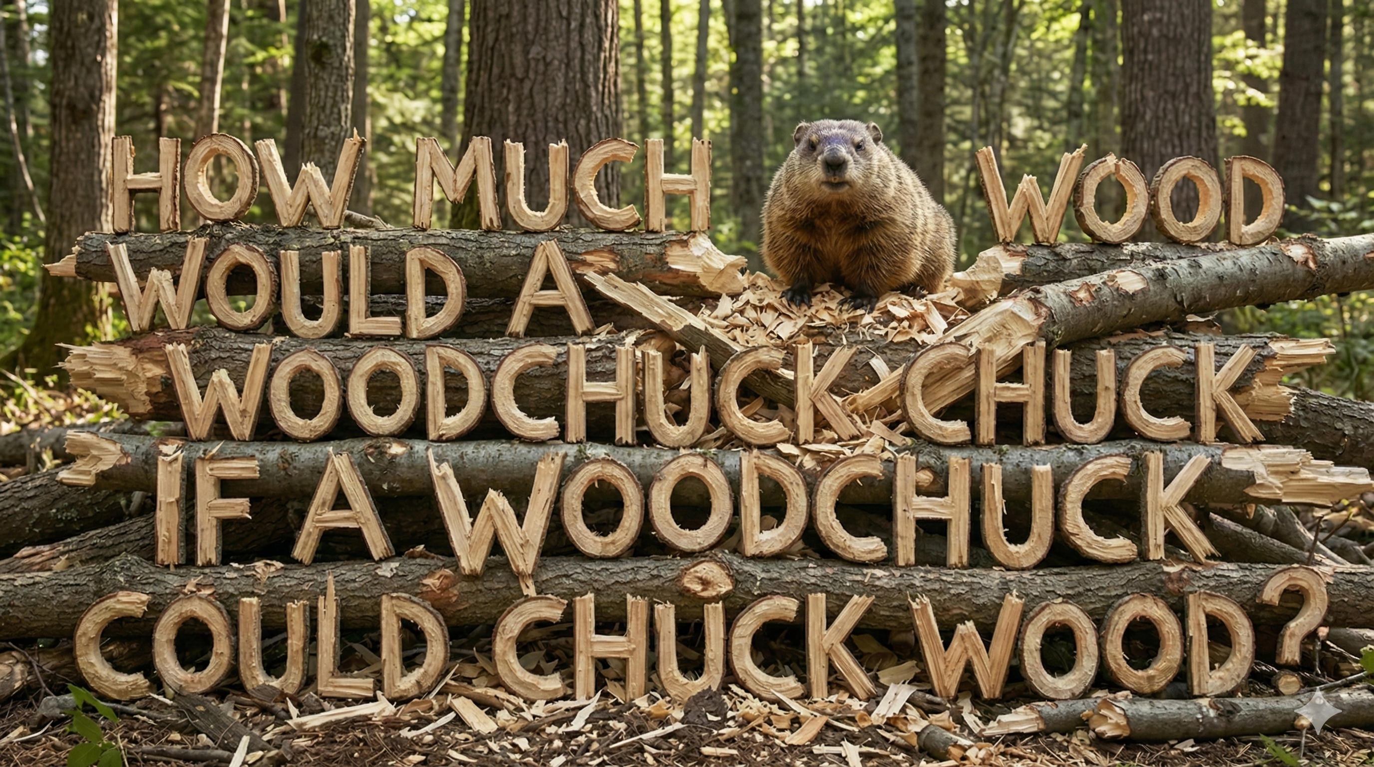 A woodchuck sitting on logs featuring the famous tongue twister carved into the wood
