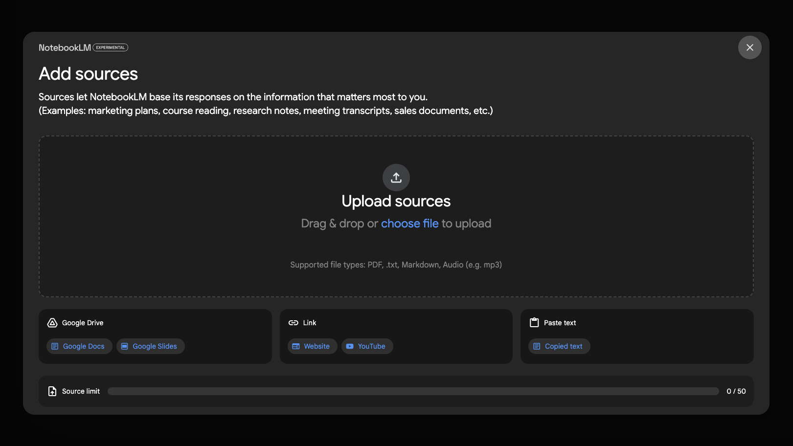 Add sources to NotebookLM by uploading files, links, or text for tailored responses.