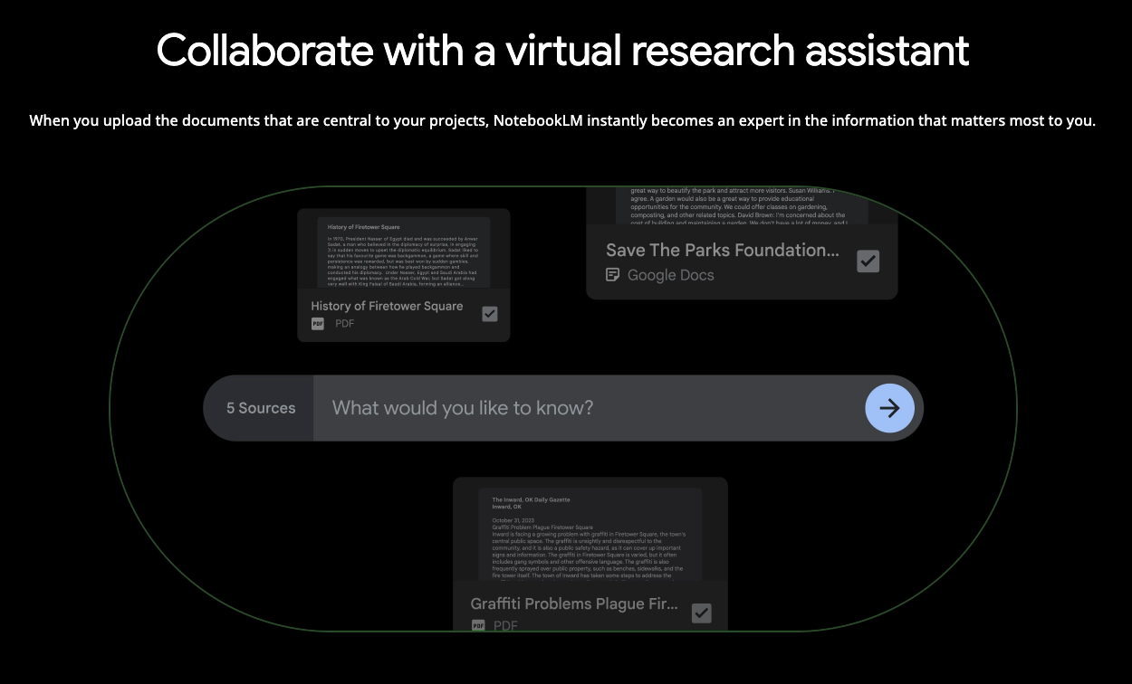 Collaborate with NotebookLM virtual research assistant using uploaded project documents.