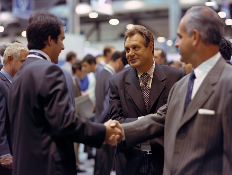 Businessmen sealing deals at a business trade show