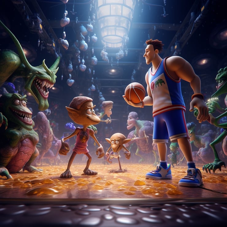 Spacejam characters playing basketball with steph curry