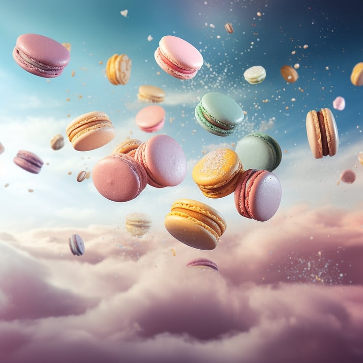 Surreal image of colourful macarons falling from the sky