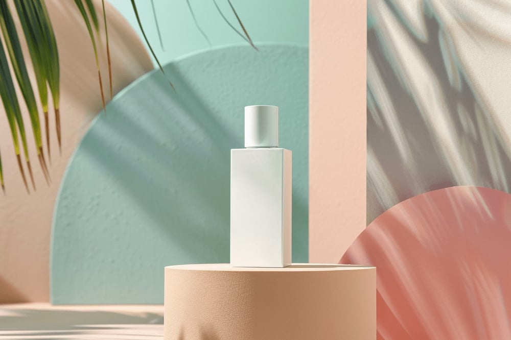 Close-up of a white color perfume bottle mockup, on a podium with minimalist and pastel background color