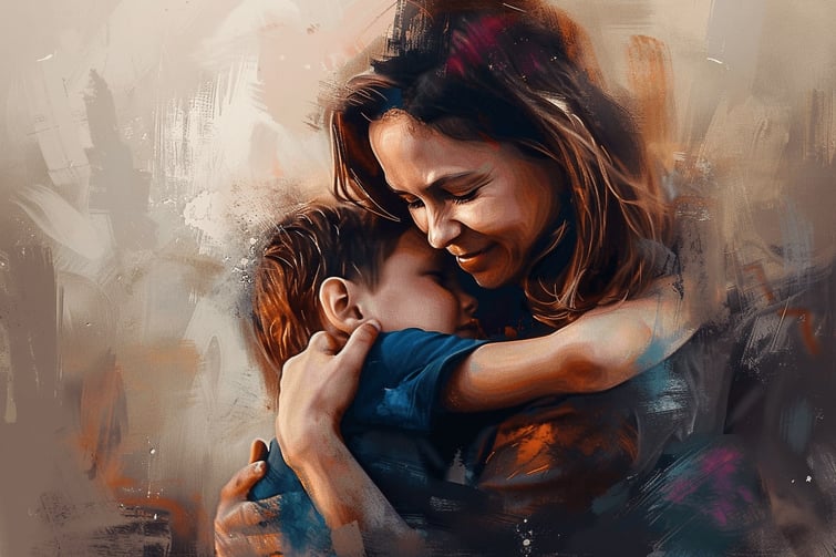 Image of a mother hugging her son, showing deep unconditional love, artistic