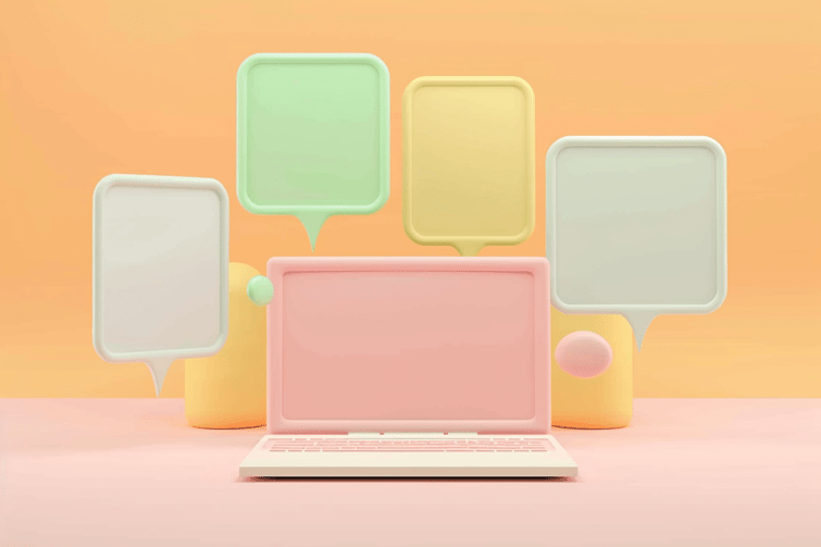 3D illustration of a laptop with 3D frames coming out representing online meeting