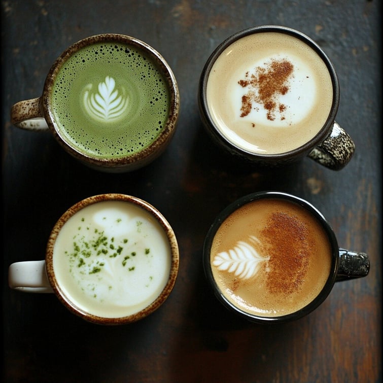 4 cups of beverages, hot matcha, hot coffee, hot milk, hot choco