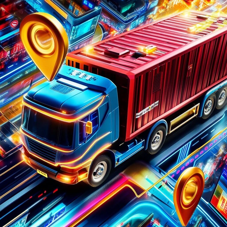 A 3D isometric illustration of real-time delivery and transportation tracking