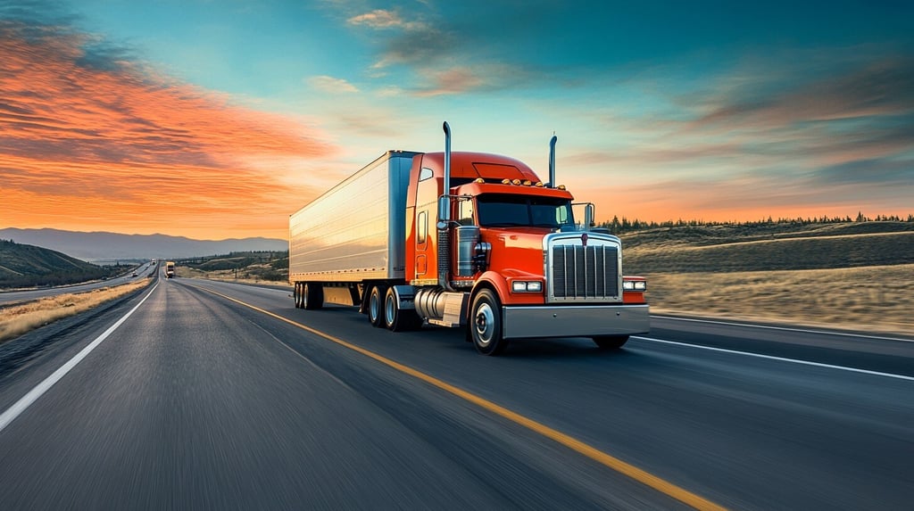 A clean and new truck speeding along a highway with blue and orange sunset sky