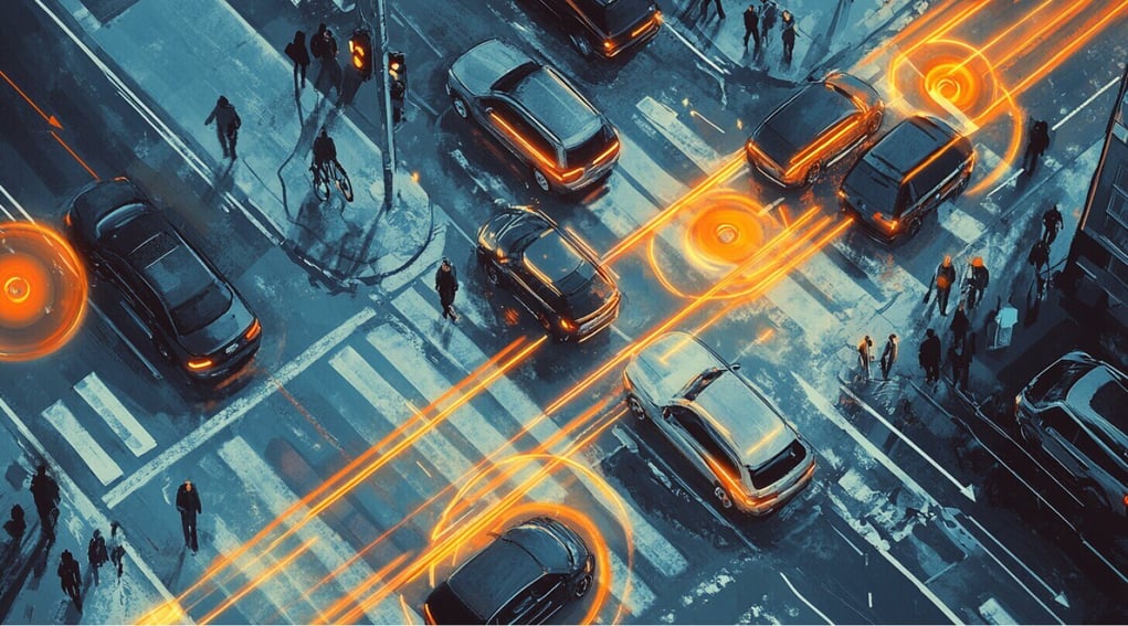 A concept illustration of an urban intersection with smart traffic lights, forming digital lines between cars and bicycles