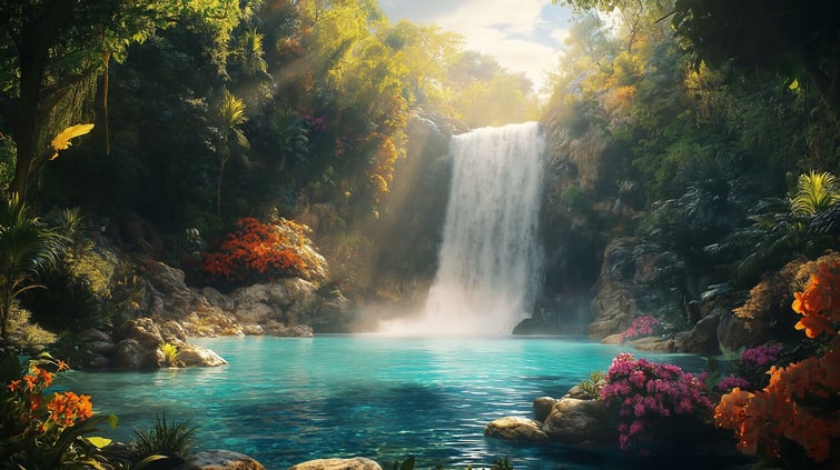 A secret jungle paradise with a cascading waterfall feeding into a turquoise lagoon