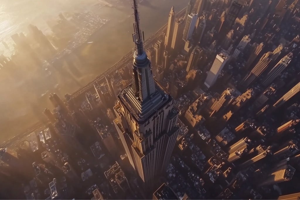A stunning drone shot focused on the top of the Empire State Building