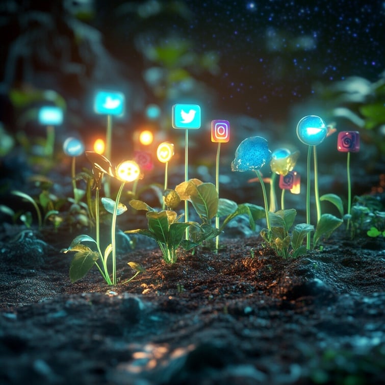 A surreal concept showing a social media icons growing like a futuristic garden