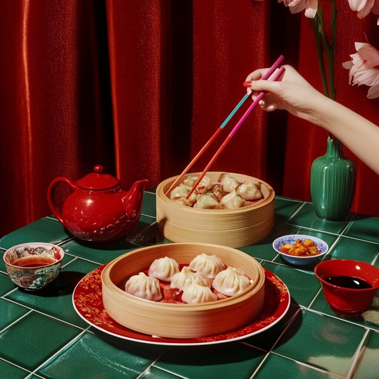Dim sum feast featuring freshly steamed soup dumplings in a bamboo steamer