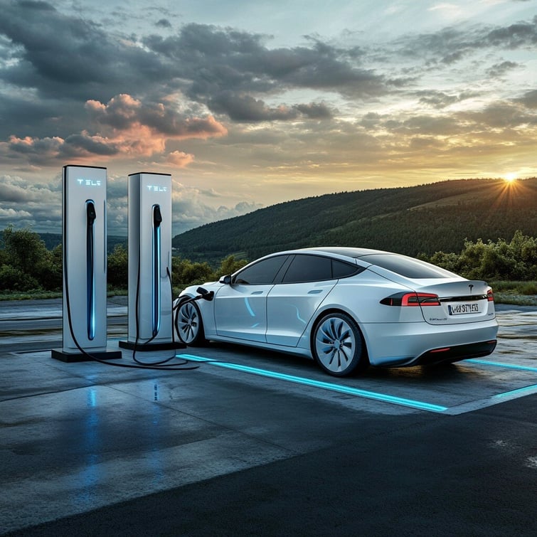 A white Electric car charging at an electric vehicle charging station with sunset sky and green mountains at the back.