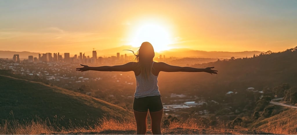 A woman with her arms outstretched on top of a hill overlooking city skyline at sunset.