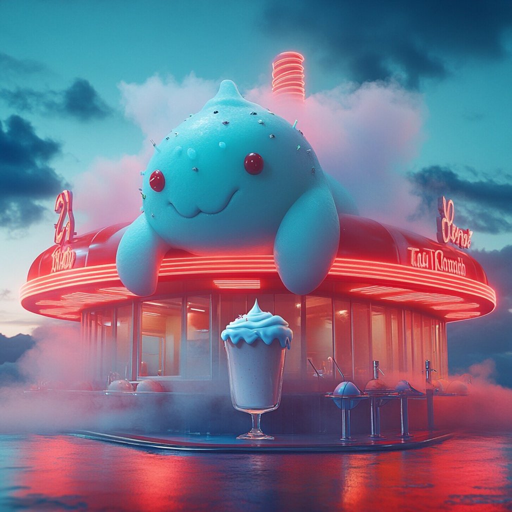 Adorable 3D giant mascot drinks a milkshake, laying his head above the Diner
