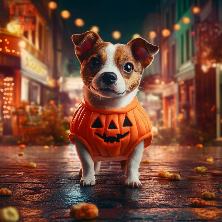 Dog in a pumpkin costume