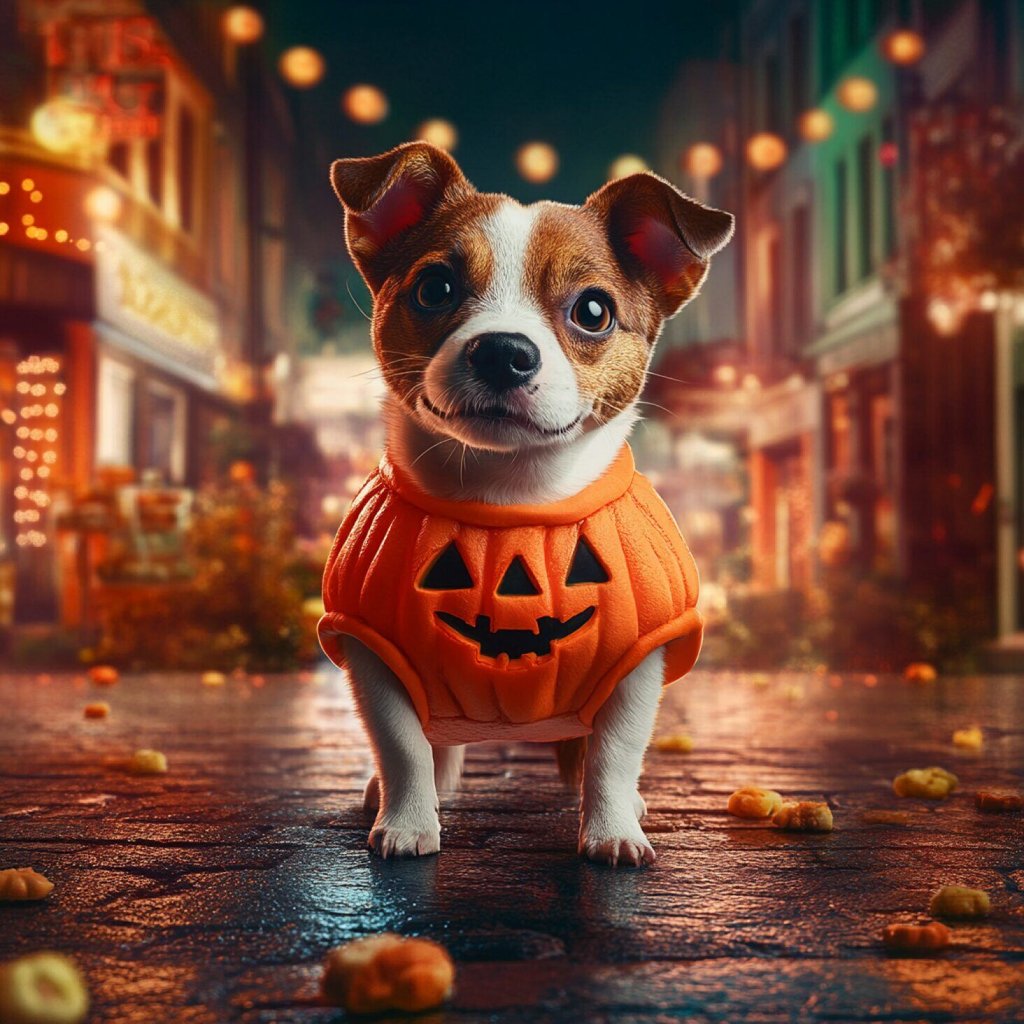 Adorable dog dressed in a pumpkin costume doing trick or treat at night set on streets