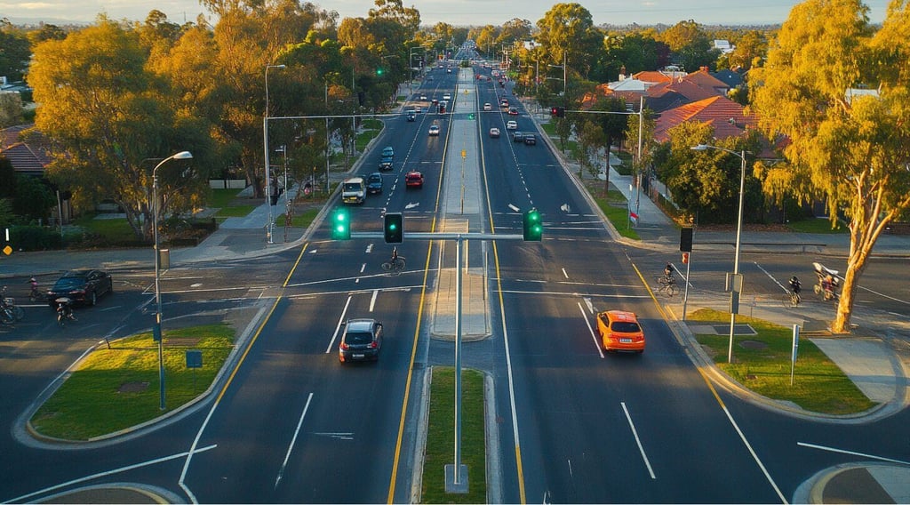 Aerial photograph of Intersection, Morning in East Melbourne, the roads have bike lanes and sidewalk, clear traffic lights with smart sensor