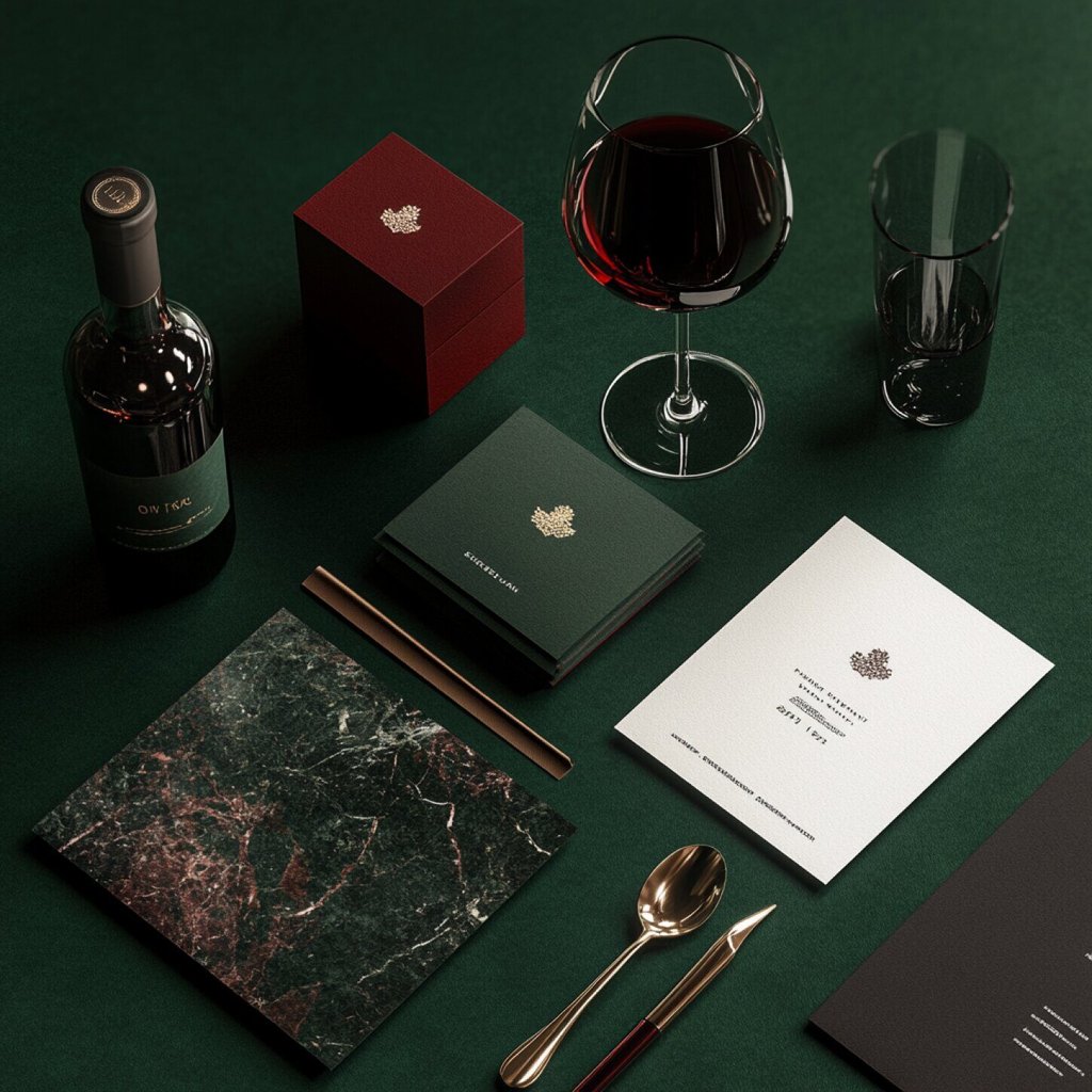 An editorial mockup set of a branding in green and red