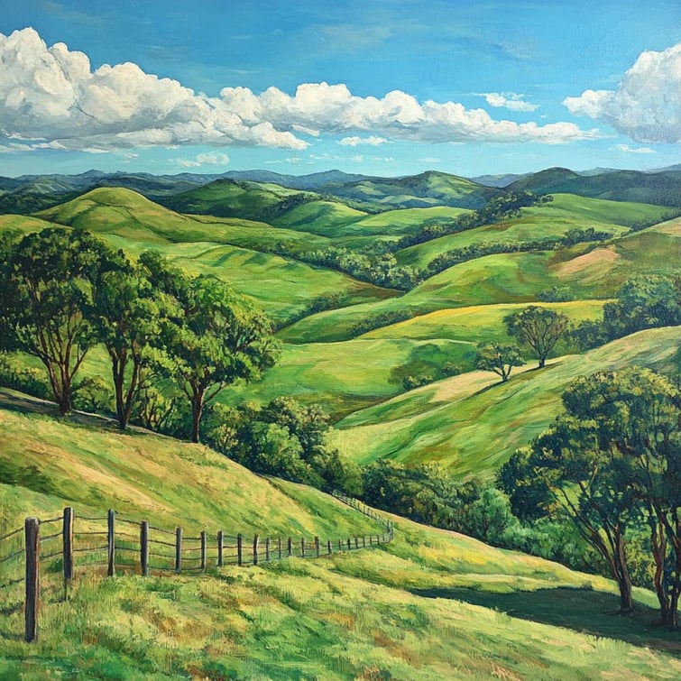 Australian rolling hills, green grass and blue sky perfect for pasture